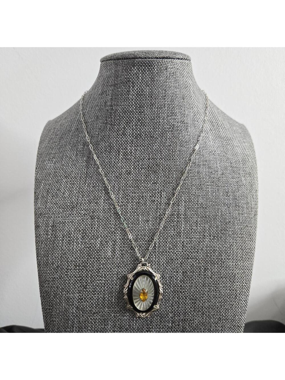 Vintage Art Deco Camphor Glass Necklace Orange Rhinestone Pendant Sunburst